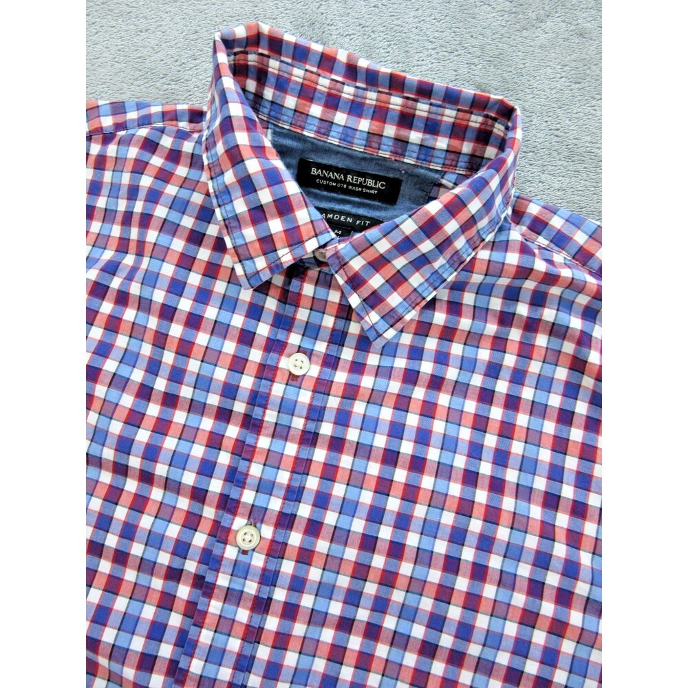 Banana Republic Shirt Mens Medium Camden Fit Plaid Blue Red Long Slv Buttoned Up